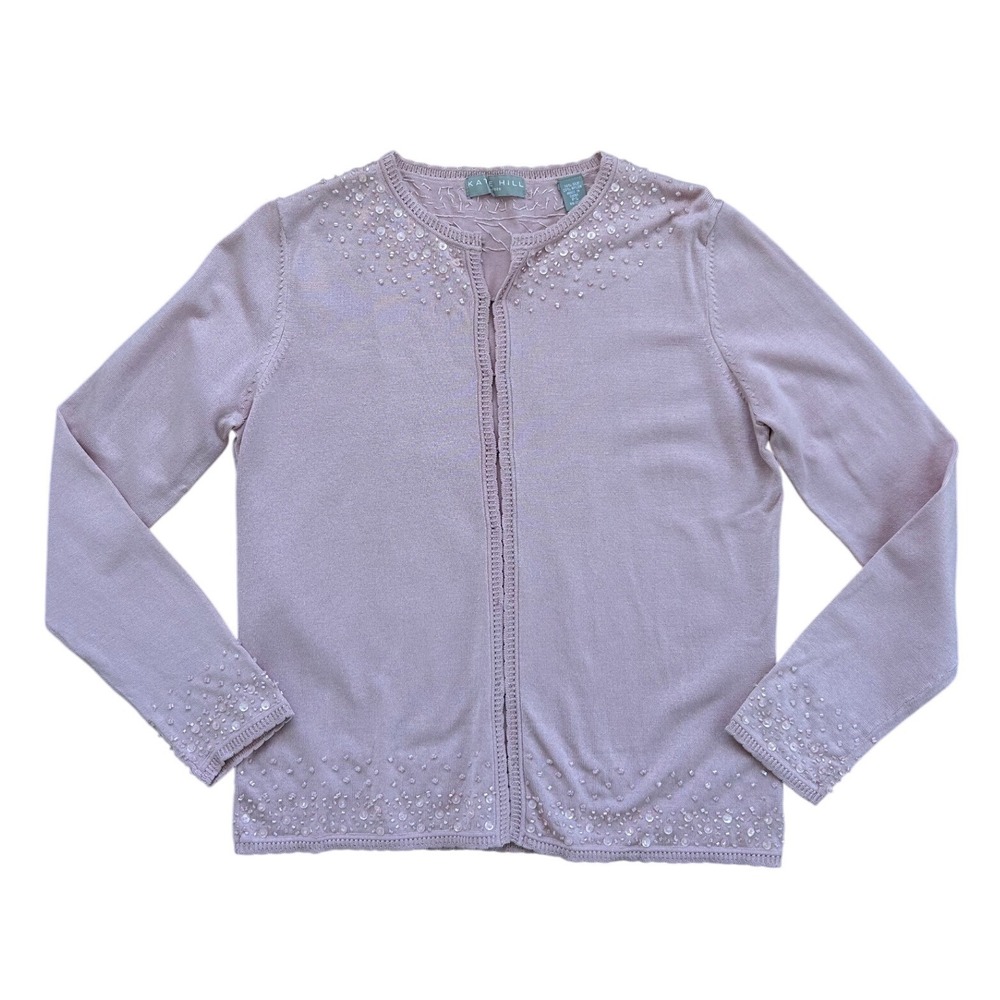 Bubblegum Pink Silk Blend Beaded Sequin Cardigan‎ Sweater small Vintage coquette